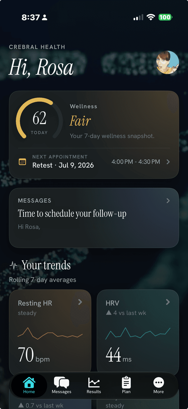 Crebral for iPhone — patient home: wellness score, next appointment, and wearable trends