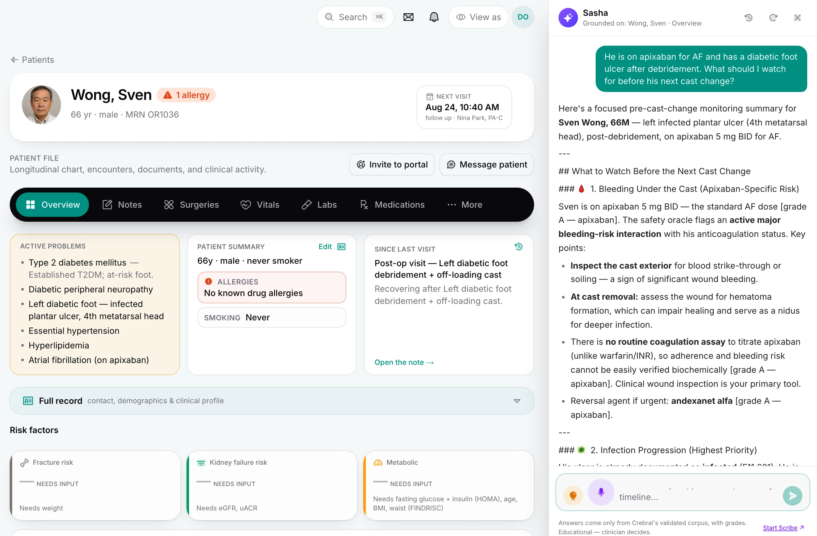 A patient chart on the web app with the Sasha panel open on the right: the clinician's question about apixaban and a diabetic foot ulcer, and a graded, cited answer