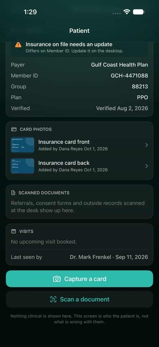 Crebral Scribe on iPhone at the front desk: a warning that the member ID on the scanned card differs from the coverage on file, the insurance card front and back under Card photos, and the Capture a card and Scan a document buttons