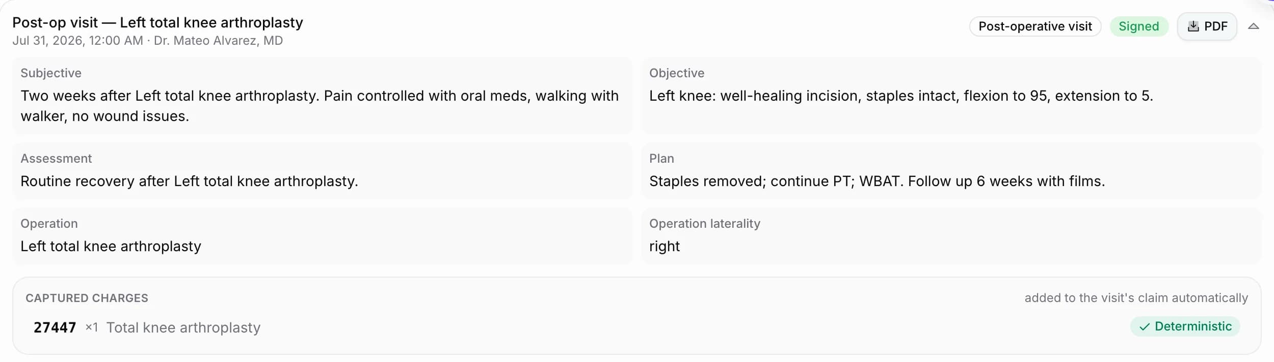 A signed post-operative note with Subjective, Objective, Assessment and Plan, and the charge it captured automatically