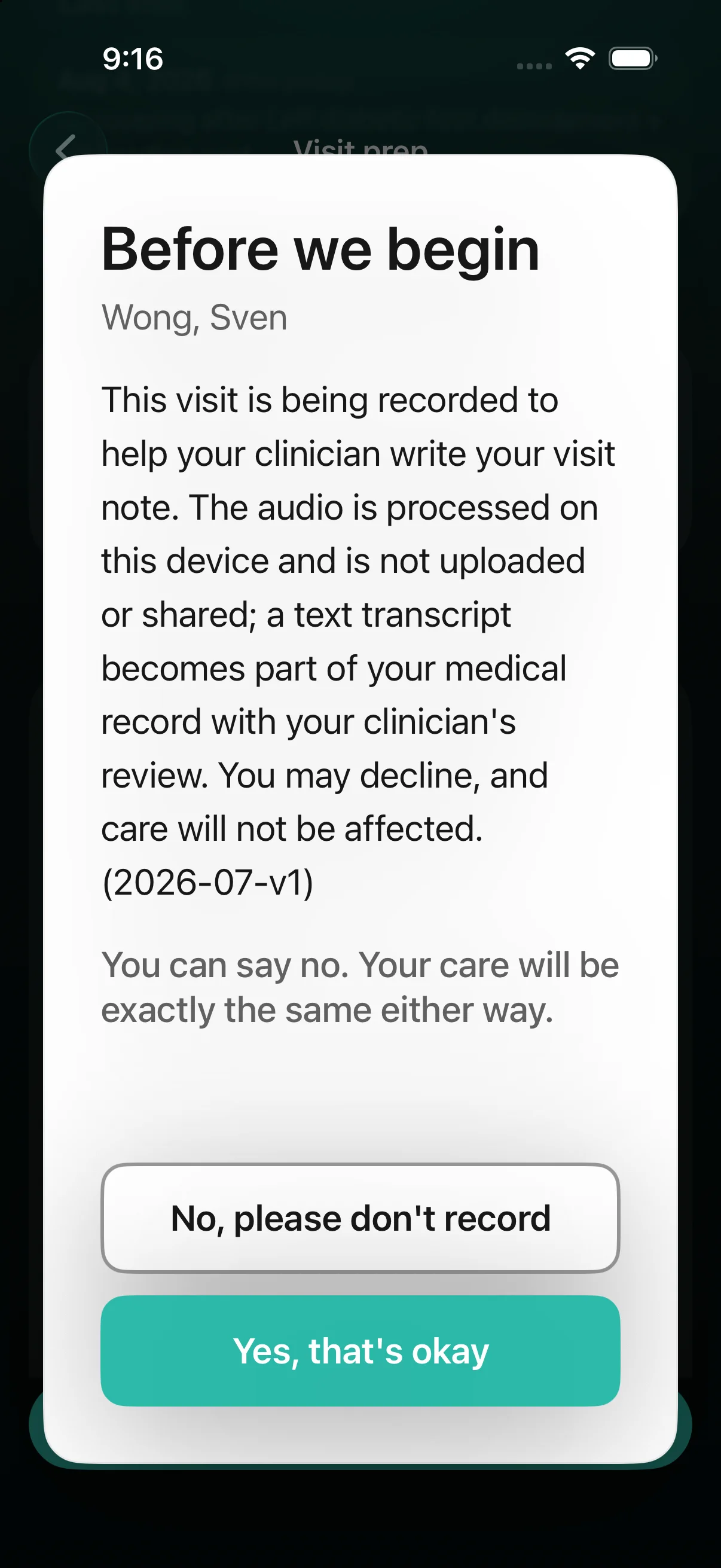 The patient-facing consent card on iPhone: Before we begin, the recording notice, and No or Yes buttons