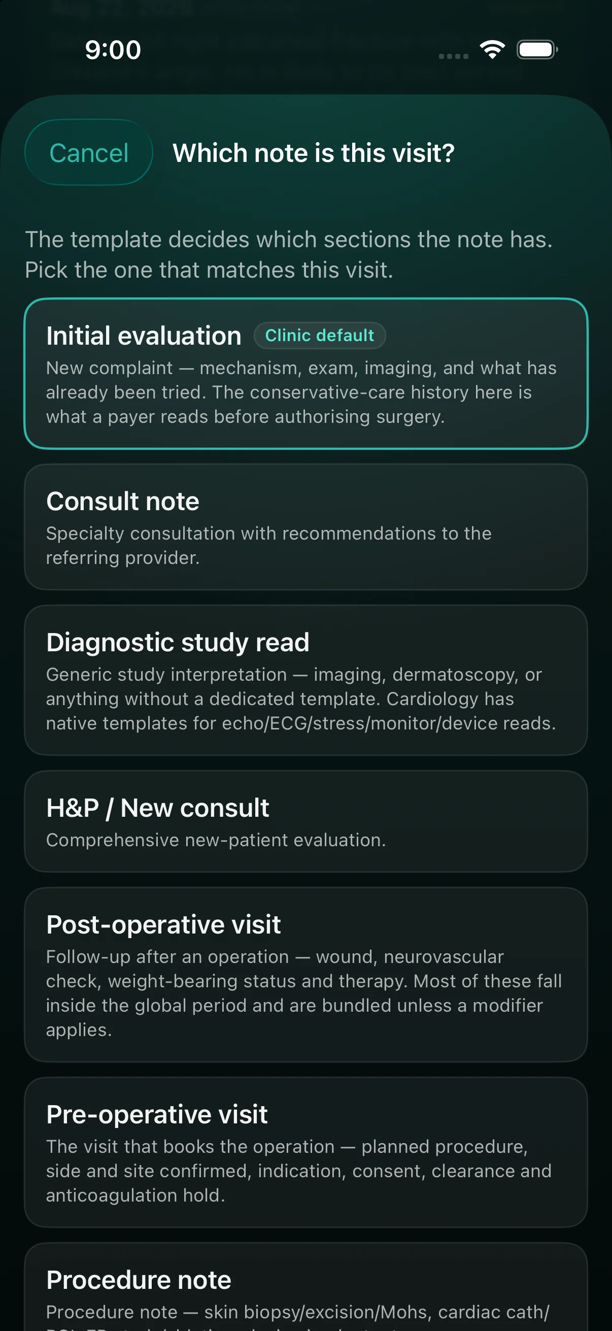 Crebral Scribe on iPhone asking which note this visit is: initial evaluation, consult note, diagnostic study read, H&P, post-operative, pre-operative, procedure note