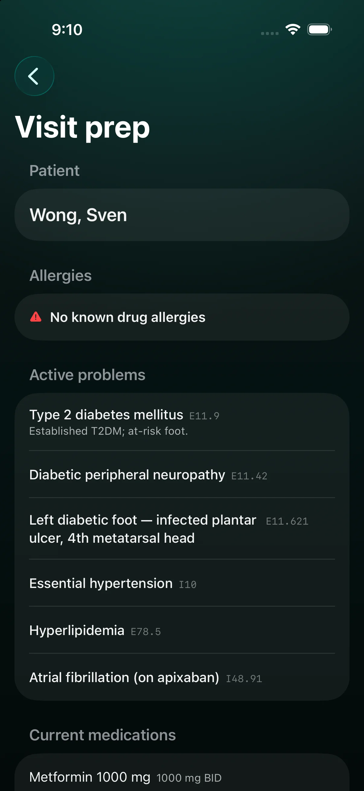 Crebral Scribe on iPhone, visit prep: the patient, allergies, active problems with ICD-10 codes, and current medications