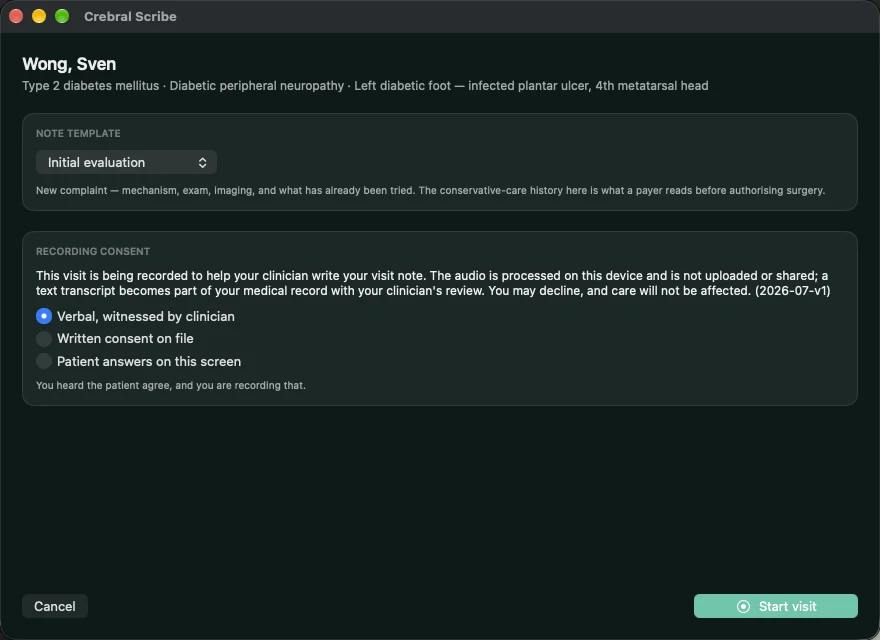 Crebral Scribe on Mac: the visit window for a demo patient with the note template chosen, the recording consent notice with three consent methods, and the Start visit button